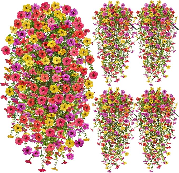 Artificial Hanging Flowers for Outdoors, 4PCS UV Resistant Artificial Outdoor Flowers, Silk Flowers for Outside Patio Porch Front Yard Window Garden Indoor Decor(Spring Color,4PCS)