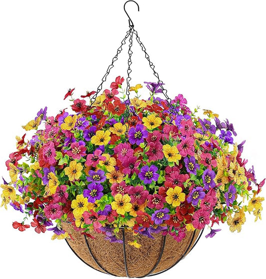 Der Rose Artificial Hanging Flowers Basket for Outdoors Fake Hanging Plants Spring Summer Decoration UV Resistant for Garden Front Porch Patio Balcony Decor