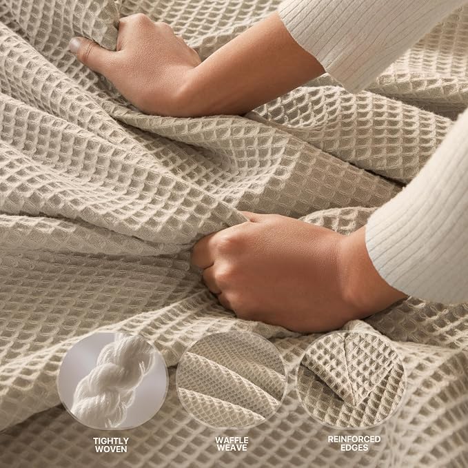 Madison Park 100% Cotton Blanket, Trendy Woven Waffle Weave Design, All Season, Lightweight, Breathable, Soft and Cozy Casual Summer Cover, for Bed, Couch and Sofa, Twin(66 in x 90 in), Khaki