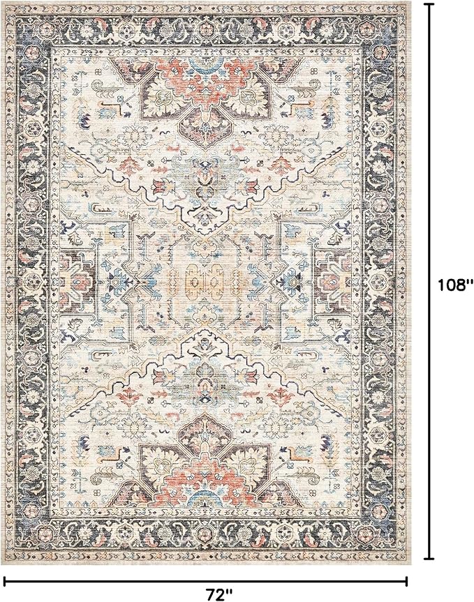 Area Rug for Living Room - 6x9 Soft Machine Washable Oriental Vintage Floral Distressed Large Indoor Floor Carpet for Bedroom Under Dining Table Home Office Decor - Multi