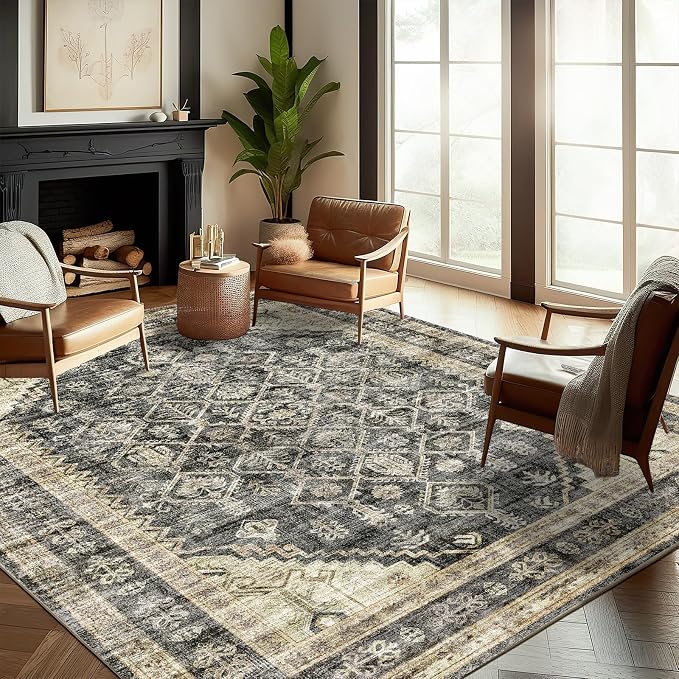 CHAMPLANT Washable Area Rug 9'x12' Retro Boho Design Non-Shedding Easy Care Ideal for High Traffic Areas in Living Room Bedroom Office Coffee Table Kitchen Large Carpet