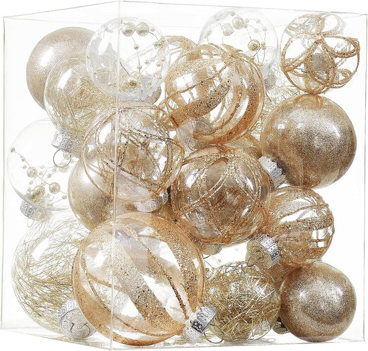 Clear Christmas Ball Ornaments,24ct Shatterproof Plastic Decorative Christmas Ornaments Hanging Xmas Tree Baubles Set with Stuffed Delicate Glittering Decorations for Holiday Party Decor (Champagne)