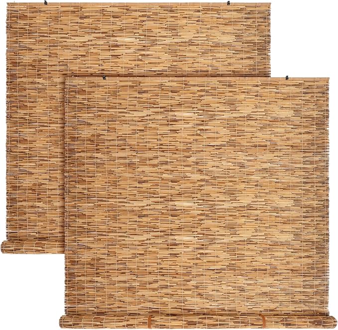 DoubleFill 2 Pcs Bamboo Shades Outdoor Reed Roll up Blinds 60" W x 72" H Blackout Sunshade Cordless Bamboo Blinds for Home Porch, Patio & Windows Decor Shutters Sunlight Privacy Screen(Carbon Brown)