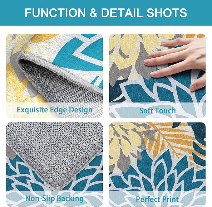 Colorful 3x5 Washable Rug for Living Room Tropical Botanical Modern Floral Chenille Area Rugs Low Pile Non Slip Carpet for Patio, Bedroom, Laundry, Ocean Dahlia