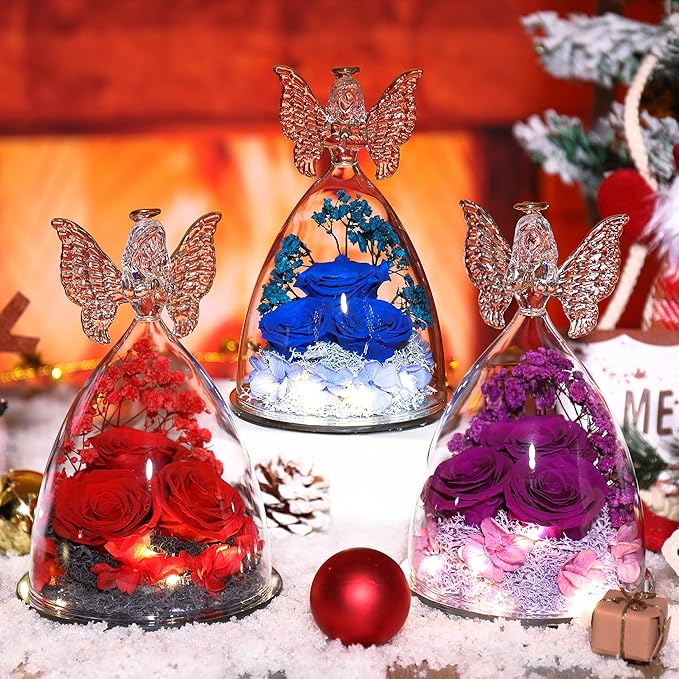 Mothers Day Rose Gifts for Women Preserved Real Flower in Glass Angel Figurines Roses for Delivery Prime Birthday Gifts for Mom Grandma Girlfriend Wife Her, Full Purple