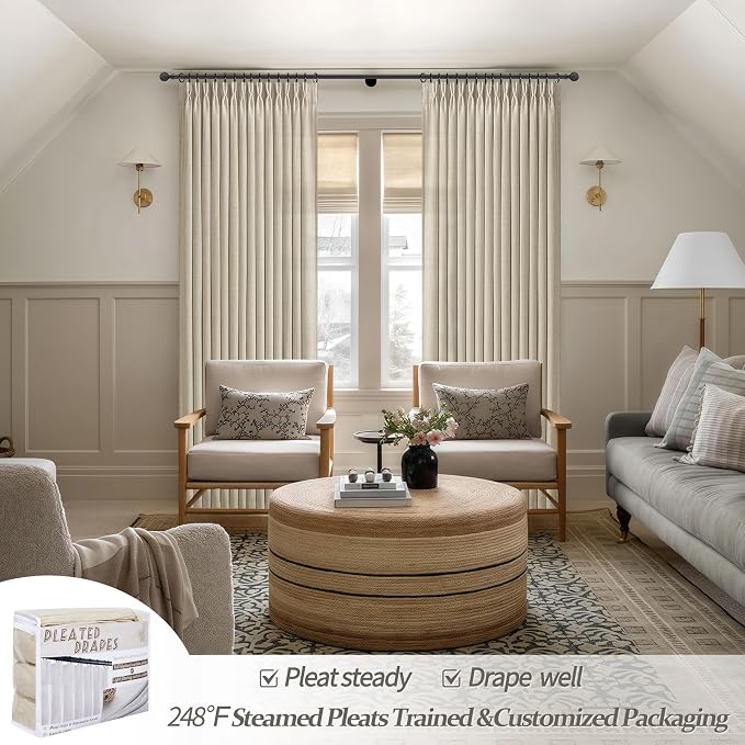 Warm Beige Extra Long Thick Burlap Sheer Curtains 108 Inches Long for Living Room, Farmhouse Country Pinch Pleat Flax Linen Window Drapes with Back Tab & Ceiling Track 9 FT Light Filtering Taupe Burg