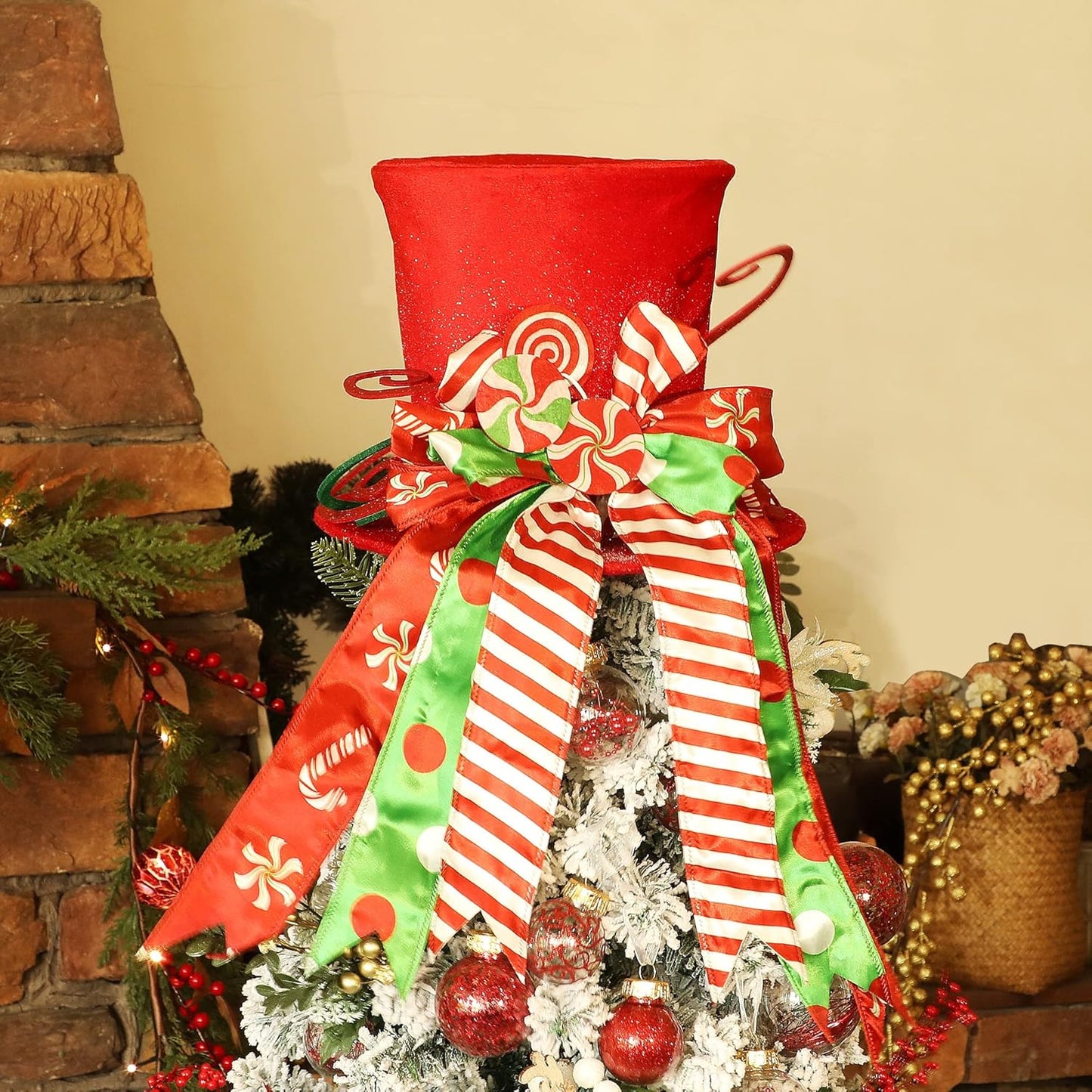 yofit Christmas Tree Topper Hat, Large Red Hat with Striped Bow Ribbon & Lollipop, Christmas Tree Decorations Top Hat, Desktop Ornaments for Home Xmas Holiday Winter Decor