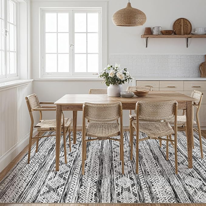 Tortania Area Rug Living Room Rugs - 8x10 Washable Large Soft Neutral Boho Moroccan Bohemian Farmhouse Rug Indoor Floor Carpet for Bedroom Under Dining Table Home Office Decor - Black White