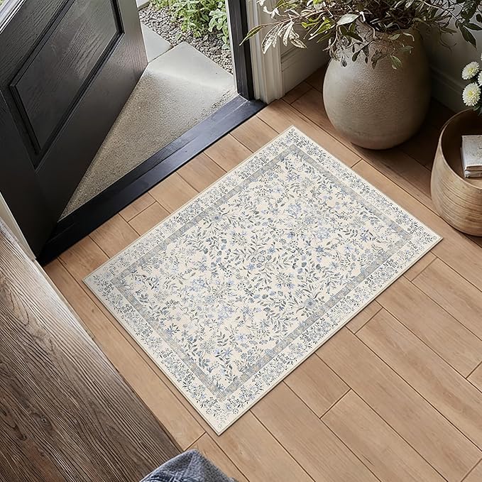 PureCozy 2x3 Blue Area Rug for Entryway Washable Vintage Floral Carpet Low Pile Non Slip Botanical Aesthetic Small Soft Accent Throw Rug Entrance Kitchen Bedroom Nursery Office Indoor