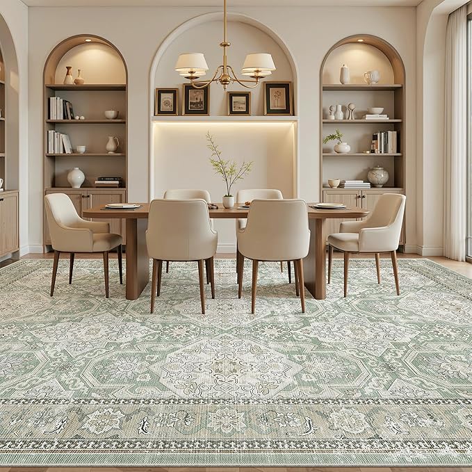 Soalmost 10x14 Area Rugs for Living Room, Non Slip Machine Washable Vintage Rugs, Low Pile Lightweight Large Rug for Bedroom, Dining Room, Home Office Green/Brown