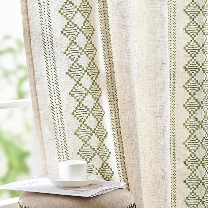 jinchan Boho Curtains Linen Blend Beige Farmhouse Curtains 84 Inches Long for Living Room Sage Green Square Embroidered Bordered Back Tab Bedroom Window Light Filtering Bohemian Drapes 2 Panels