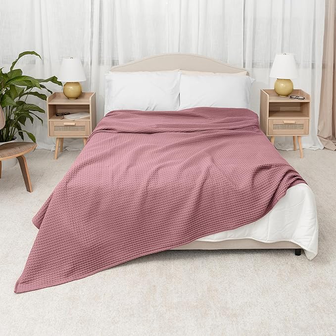 Comfy Cubs Waffle Blanket King, 108" x 90" - 100% Cotton Lightweight Breathable Bed Blanket - Soft Textured Thermal Weave for All Seasons – Decorative Cozy Layer for Couch, Sofa, or Bed - Mauve