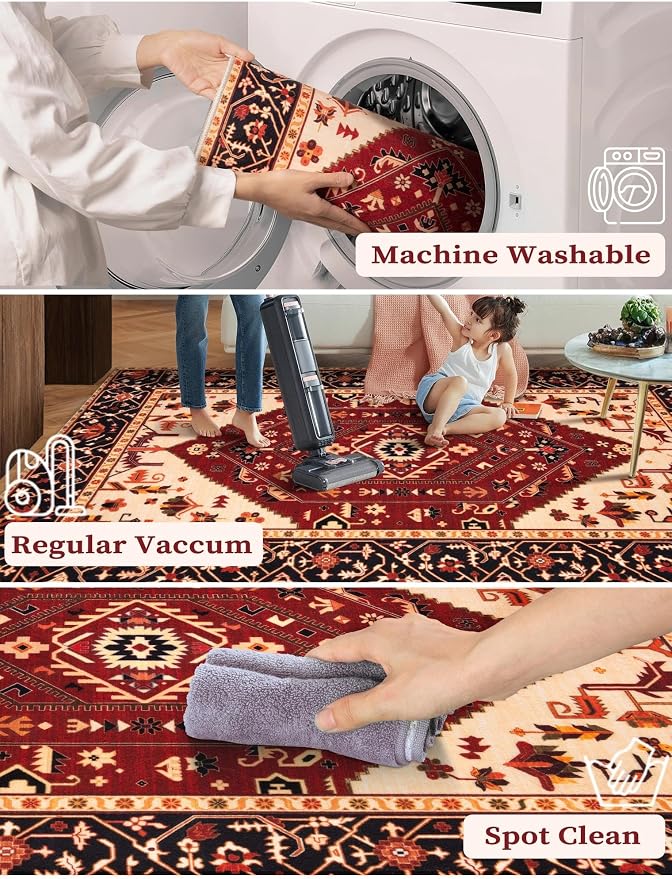 SERISSA Runner Rug for Hallways, 2'6"x8' Washable Non Slip Kitchen Runner Rug, Long Boho Rug Vintage Red Black Hallway Stair Ultra Soft Print Floor Carpet for Bedroom Bathroom Laundry Room
