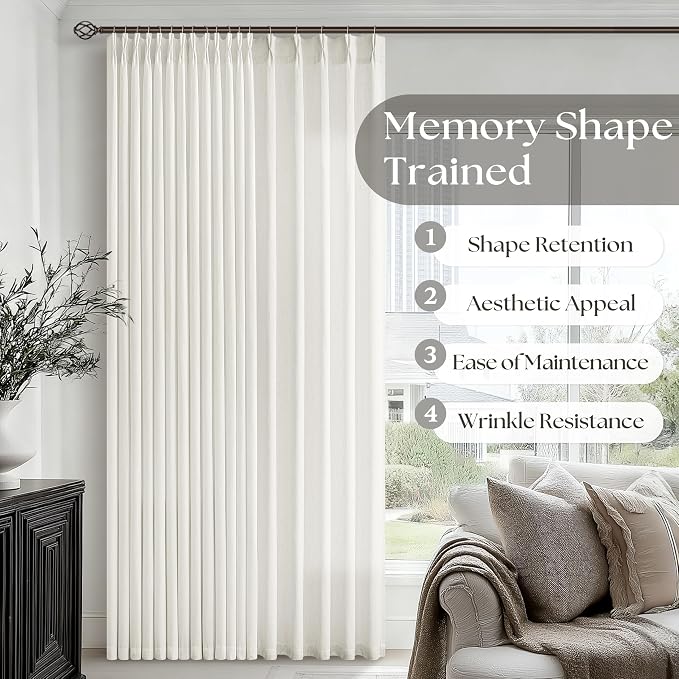Natural Cream Semi Sheer Pinch Pleated Linen Curtains 96 Inch Long | Beige Ivory Neutral, Light-Filtering Privacy, Living Room Dining Room, Faux Linen Textured, Hook Rings Memory Shape, Modern