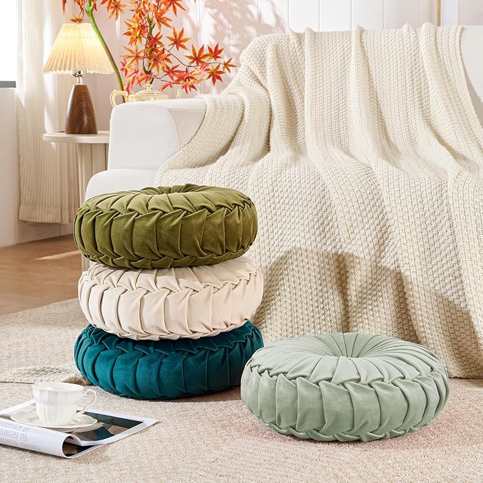 ROSE&RISY Round Pleated Velvet Throw Pillows, 2 Pack Decorative Accent Pumpkin Pillows Cushion for Couch Sofa Bed, Soft Plush Retro Vanity Throw Pillows for Home Decor, 14.5 Inch, Sage Green