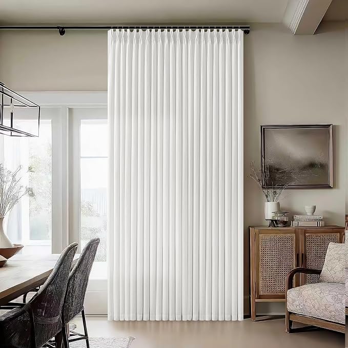 70 Wide Ivory Off White Semi Sheer Pinch Pleated Linen Curtains 108 Inch | 70 Inch Extra Wide, 108 Inch Long, Light Filtering, Privacy, Living Room, Burlap Textured, Memory Shape, Hook Rings, Modern