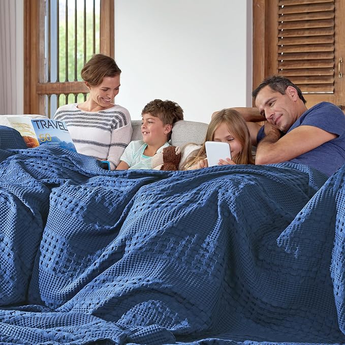 VHC Brands 100% Cotton Waffle Weave Navy Blue Oversized King Size Blanket 120x120, Decorative Cotton Throw Blanket, Boho Farmhouse Bedroom Decor for Bed, Couch, or Sofa