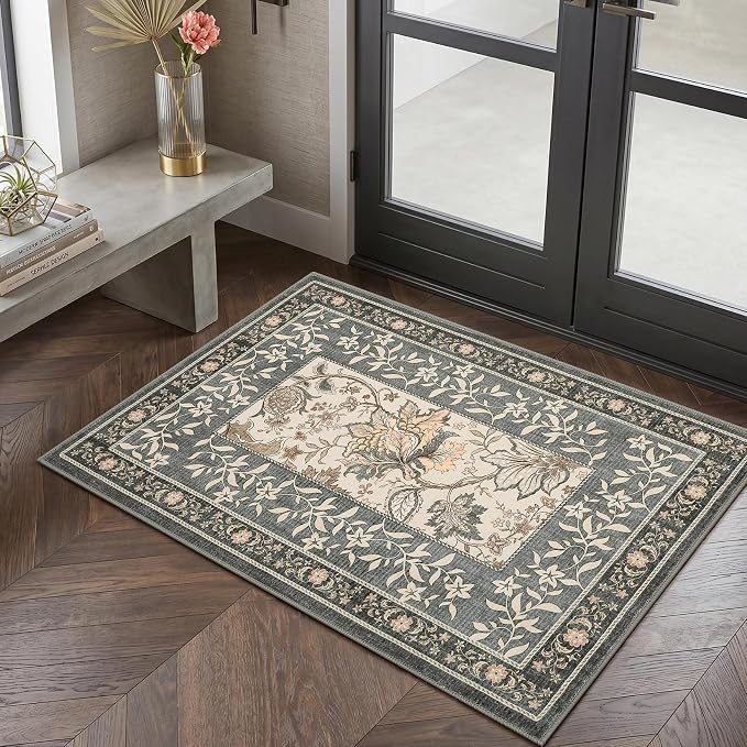 GarveeHome Grey Small Rug 2x3 Door Mat Indoor Vintage Cottage Core Farmhouse Low-Pile Stain Resistant Non-Slip Washable Rugs for Entryway Bathroom Bedroom Kitchen TPE Backing