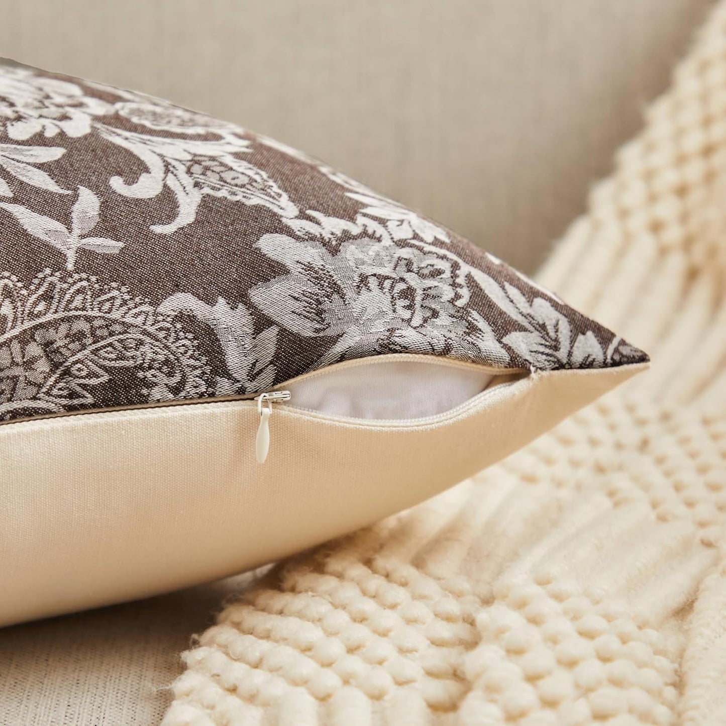 Floral Jacquard Throw Pillow Covers Set of 2, Background/Chocolate 20x20 Inch, Farmhouse Decorative Cotton Dark Brown Cushion Covers for Sofa Bed Living Room Home Decor