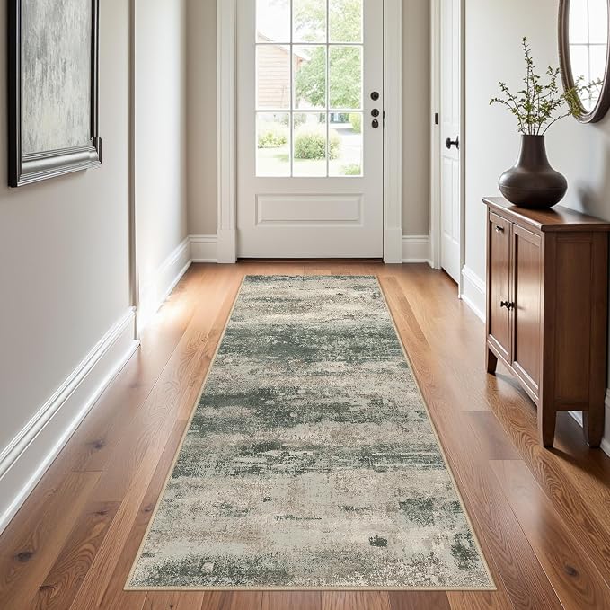 BEIMO Runner Rug for Hallway Kitchen, 2'6"x6' Machine Washable Runners Rug for Entryway, Soft Modern Abstract Throw Rugs, Low Pile Floor Cover with Non Slip Backing, Grey/Dark Green