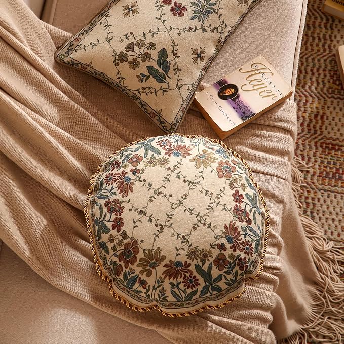 patdrea French Vintage Linen Throw Pillow Cover,Diameter 16"-Audrey B | Decorative Pillow Case with Zipper,Brown Floral Pattern,Pillow Cover for Couch Living Room Bedroom Sofa