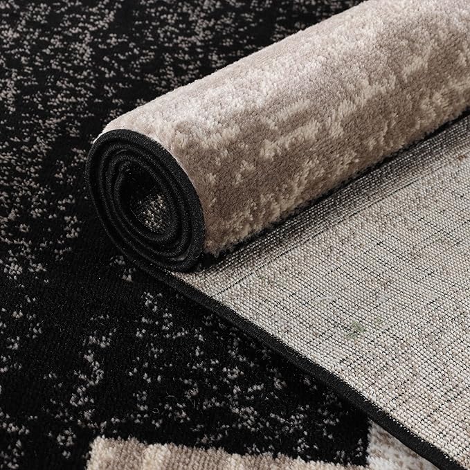 Superior Indoor Runner Rug, Jute Backed, Modern Geometric Patchwork Floor Decor for Bedroom, Office, Living Room, Entryway, Kitchen, Hardwood Floors, Rockwood Collection, 2' 7" x 12', Ivory-Beige