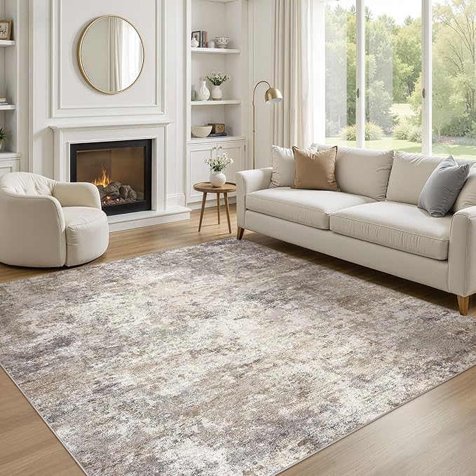 UERMEI Square Area Rugs : Washable 6x6 Neutral Modern Abstract Carpet for Living Room Bedroom - Soft Floor Mat with Non Slip Backing for Kitchen Nursery Dorms Farmhouse Home Decor - Brown Grey