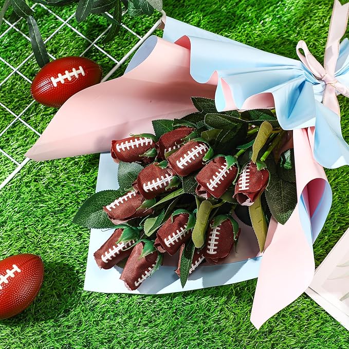 Suhine 24 Pcs Artificial Football Rose Flowers Sports Party Favors Bulk for Birthday Graduation Wedding Party Decorations Table Centerpieces Game Day Tailgate Senior Night Gift(Football Color, Normal)