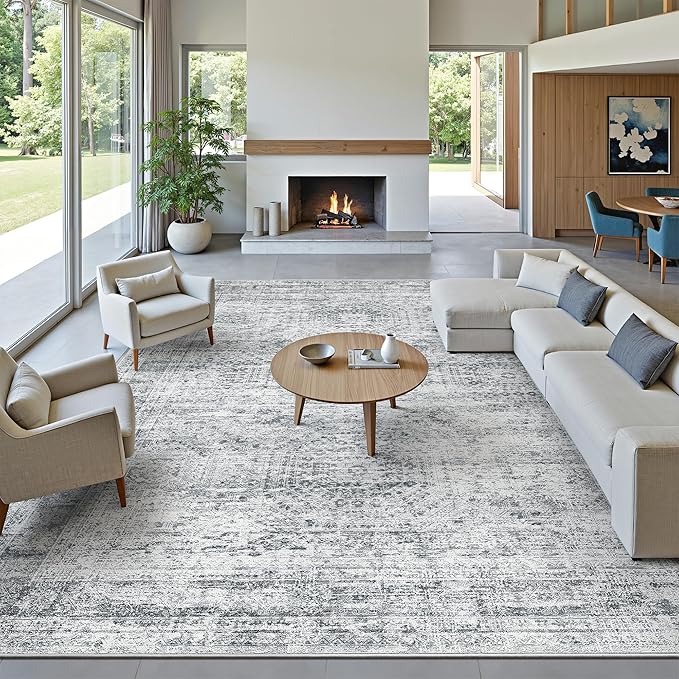 Soalmost 10x14 Area Rugs for Living Room, Non Slip Machine Washable Vintage Rugs, Low Pile Lightweight Large Rug for Bedroom, Dining Room, Home Office Grey