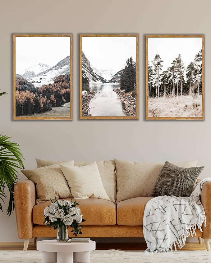 UPWOIGH Mountain Landscape Framed Wall Art, 16 x 24 Inch, Set of 3 | Mountain, Lake and Pine Tree Photography Prints, Soft Neutral Tones, Light Wood Frames for Bedroom, Office and Living Room