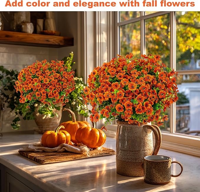 AXYLEX Artificial Fall Flowers Outdoor Fake Mums - 16 Bundles Fake Plants UV Resistant No Fade Faux Plastic Greenery Garden Porch Patio Fall Home Decor (Red Orange16)