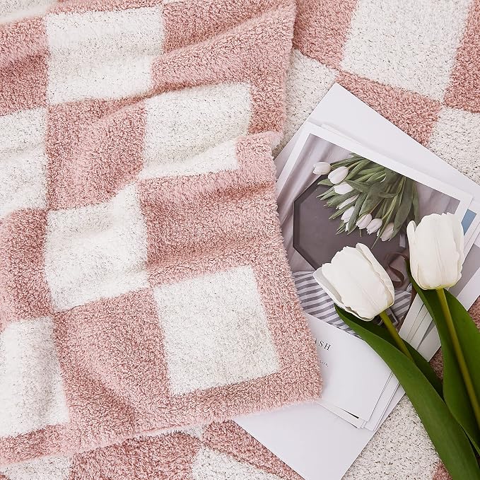 WRENSONGE Soft Checkered Throw Blanket for Couch-Cozy Warm Knitted Blankets | Lightweight Warm Fluffy Decor for Women, Mom, Her & Girls, Sofa, Chair, Bed, 50x60in,Pink