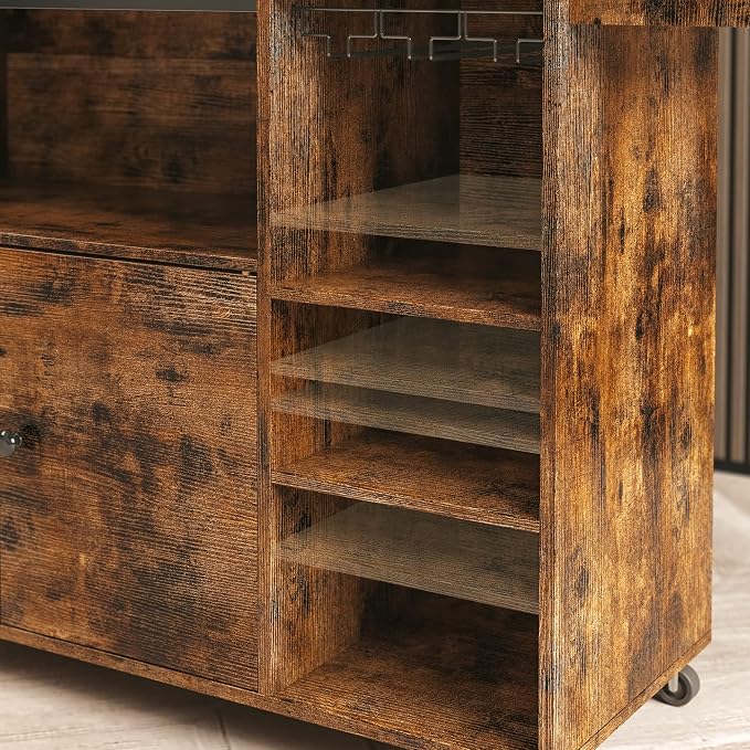 IRONCK Rolling Kitchen Island Cart with Drop-Leaf and Wine Rack, Microwave Rack Serving Cart on Wheels with Drawer & Shelves & Spice Rack & Cup Hanging, Vintage Brown