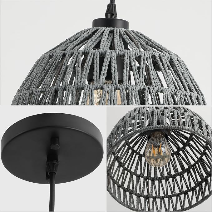 JONATHAN Y 8.25" Gray Modern Bohemian Woven Rope LED Pendant Light Fixture, Adjustable Dome Ceiling Lamp for Kitchen Island, Rope Shade, Coastal Farmhouse Decor (JYL6512D)