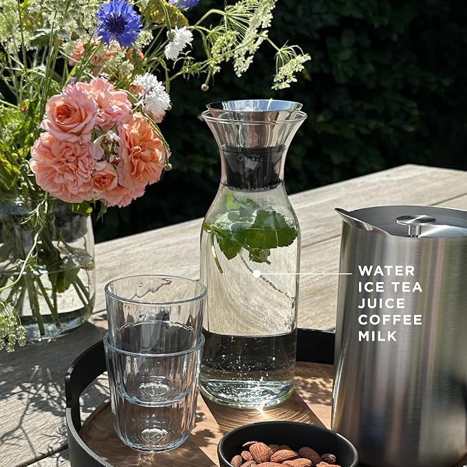 EVA SOLO | Fridge Carafe 1.0L | For Hot & Cold Drinks | 100% drip-free | Dishwasher-safe Borosilicate Glass | Stainless steel & Silicone Pouring Lip | Fits Most Refrigerator Doors | Danish Design