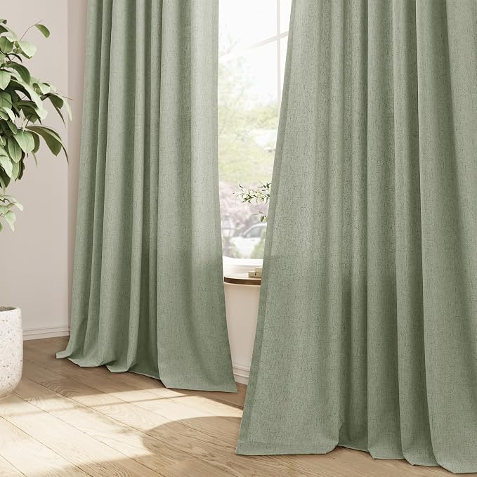 Sage Green Pinch Pleated Linen Curtains 96 Inch Length 2 Panels for Living Room Bedroom Elegant Country Farmhouse Privacy Light Filtering Semi Sheer Back Tab Drapes with Hooks for Dining Room 40x96