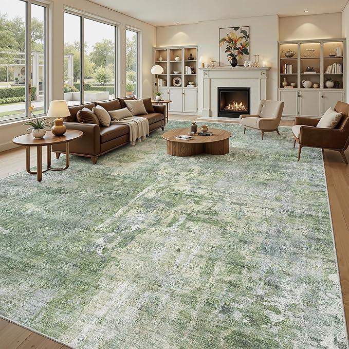 Soalmost 10x14 Area Rugs for Living Room, Non Slip Machine Washable Vintage Rugs, Low Pile Lightweight Large Rug for Bedroom, Dining Room, Home Office Green/Ivory