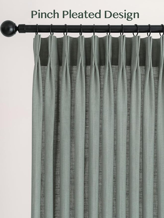 Liz Pinch Pleated Linen Curtains Light Filtering Curtains for Living Room, Farmhouse Window Curtains for Bedroom, Modern Drapes with Hooks and Rings, 102 Inches Long, Sage Green, 2 Panels Set