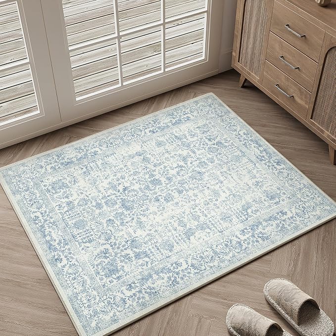 PureCozy Blue Entryway Area Rug 2x3 Door Mat Machine Washable Kitchen Vintage Distressed Non Slip Carpet Indoor Retro Floral Accent Throw Small Rug for Bathroom Office Bedroom Dining Room