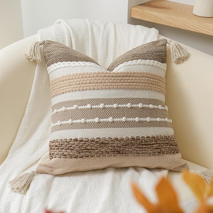 BlissBlush Boho Decorative Throw Pillow Cover 22x22 Square Brown Accent Pillowcase Tassels Farmhouse Cushion for Couch Sofa Bedroom Livingroom Home Décor Cover ONLY (Pack of 1)