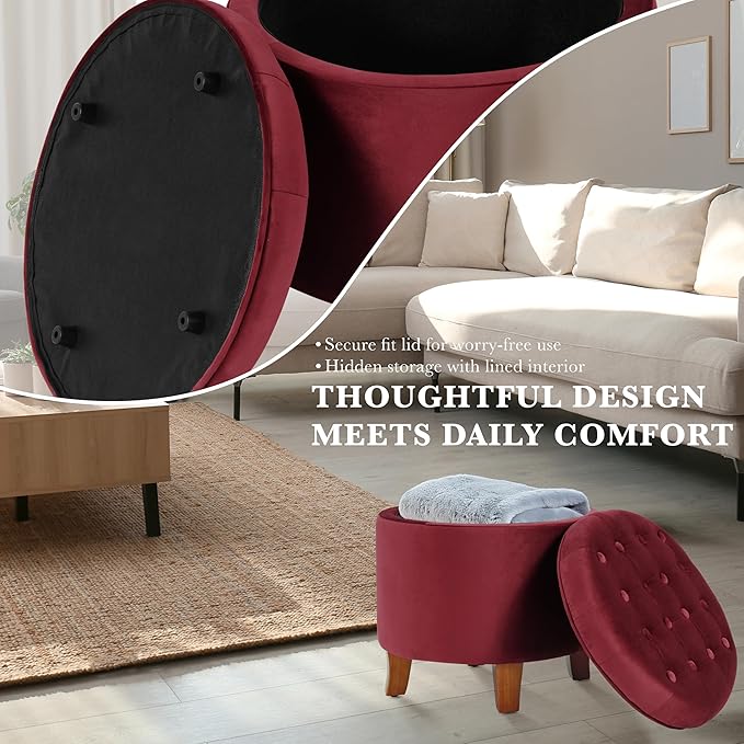 HomePop 19" Velvet Button Tufted Round Storage Ottoman - Burgundy
