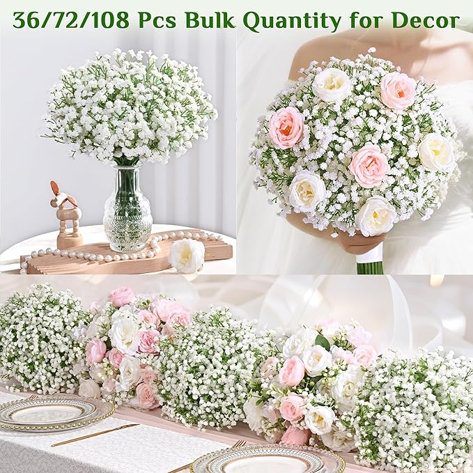 MARTINE MALL 108 Pcs Babys Breath Artificial Flowers, White Baby Breath Flowers Artificial Bulk Real Touch Fake Babys Breath Flowers Faux Gypsophila for Wedding Party Home Floral Arrangement Decor