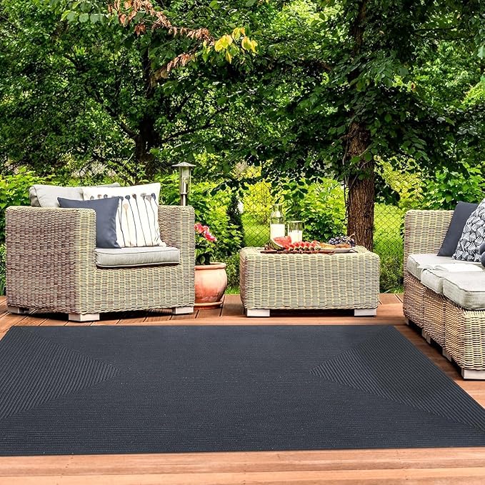 Superior Indoor/ Outdoor Large Area Rug, Reversible Braided Home Floor Decor for Living Room, Kitchen, Entryway, Patio, Front Porch, Deck, Modern, Boho, Farmhouse Style, 8' x 10', Black