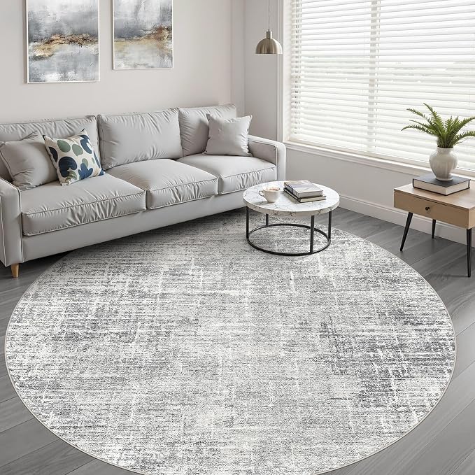 6ft Round Rug Living Room: 6x6 Washable Large Neutral Grey Circle Area Rug Abstract Soft Modern Stain Resistant Indoor Floor Non-Slip Carpet for Bedroom Nursery Kids Office Playroom Dining Room