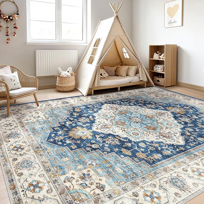 10x14 Area Rug Living Room: Washable Boho Large Neutral Vintage Soft Rugs Stain Resistant Farmhouse Non-Slip Indoor Floor Retro Carpet for Bedroom Nursery Kids Office Dining Room- Navy Beige