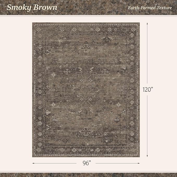 Farmhouse Brown Washable 8x10 Area Rug for Living Room, Dark Neutral Vintage Distressed Large Rug for Bedroom, Non-Slip Soft Stain Resistant Carpet for Dining Room Office Décor