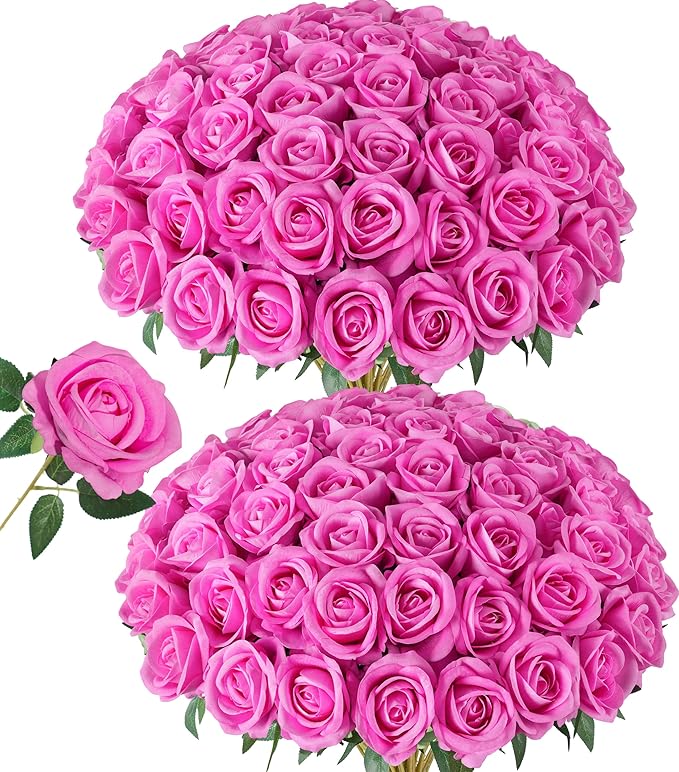HyeFlora 50 PCS Roses Artificial Flowers, Fake Roses with Stem Realistic Hot Pink Silk Rose for DIY Wedding Bouquets Table Centerpieces Arrangements Baby Shower Birthday Home Decor for Her