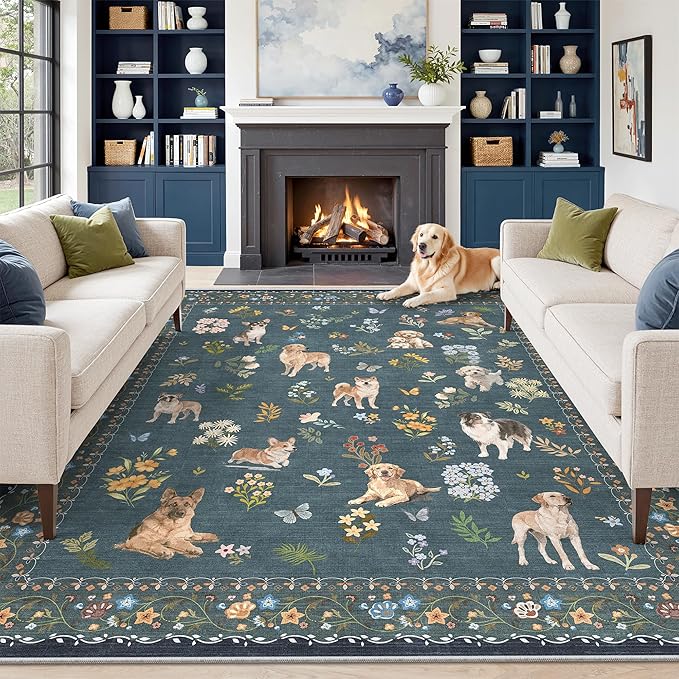 Soalmost Dog 8x10 Area Rugs for Living Room, Machine Washable Animal Floral Vintage Rug Non-Slip Low Pile Soft Throw Large Rugs for Classroom Bedroom Dining Room Nursery Playroom (8 x 10,Navy Blue)