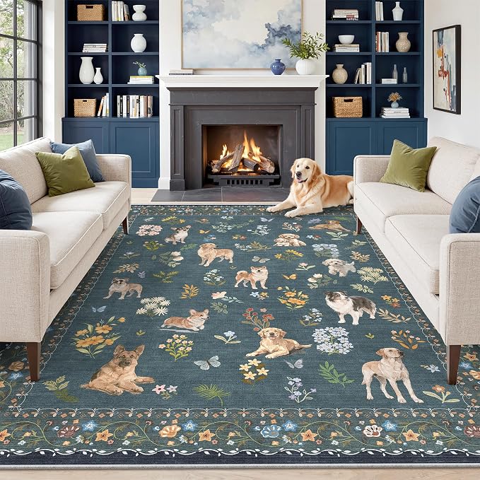 Soalmost Dog 9x12 Area Rugs for Living Room, Machine Washable Animal Floral Vintage Rug Non-Slip Low Pile Soft Throw Large Rugs for Classroom Bedroom Dining Room Nursery Playroom (9 x 12,Navy Blue)