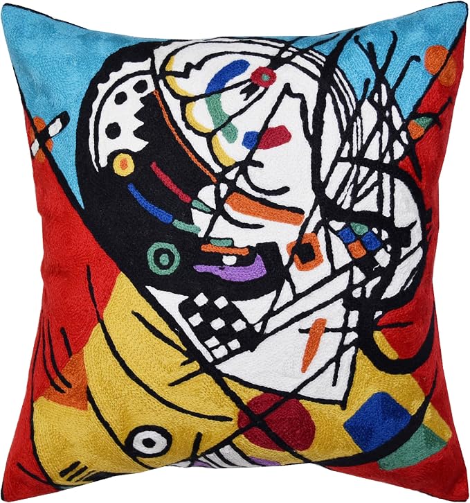 Kandinsky Balancement Decorative Pillow Cover Abstract Toss Pillows Farmhouse Chair Cushion Contemporary Pillow Mid-Century Chair Cushions Hand Embroidered Pillow Wool Size 18x18